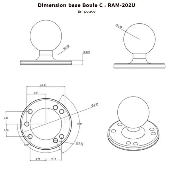 Base ronde à visser avec boule D